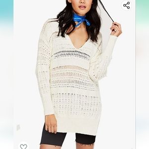 Free People Cream Open-Knit V-Neck Sweater